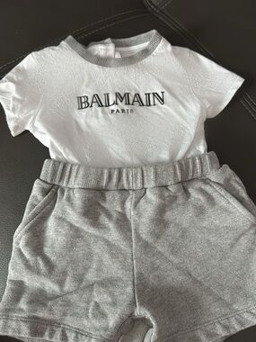 Balmain White Logo Tee with Gray Knit Shorts